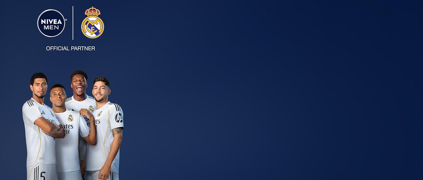 Real madrid soccer players happy against a blue background. Nivea men offical Real madrid partner