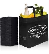 Large reusable grocery bags bulk 200 pack b;acl, heavy duty foldable tote bags for shopping
