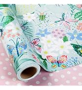 Burymento Reversible Butterfly and Floral Design Wrapping Paper Roll - Pink and white polka dot d...