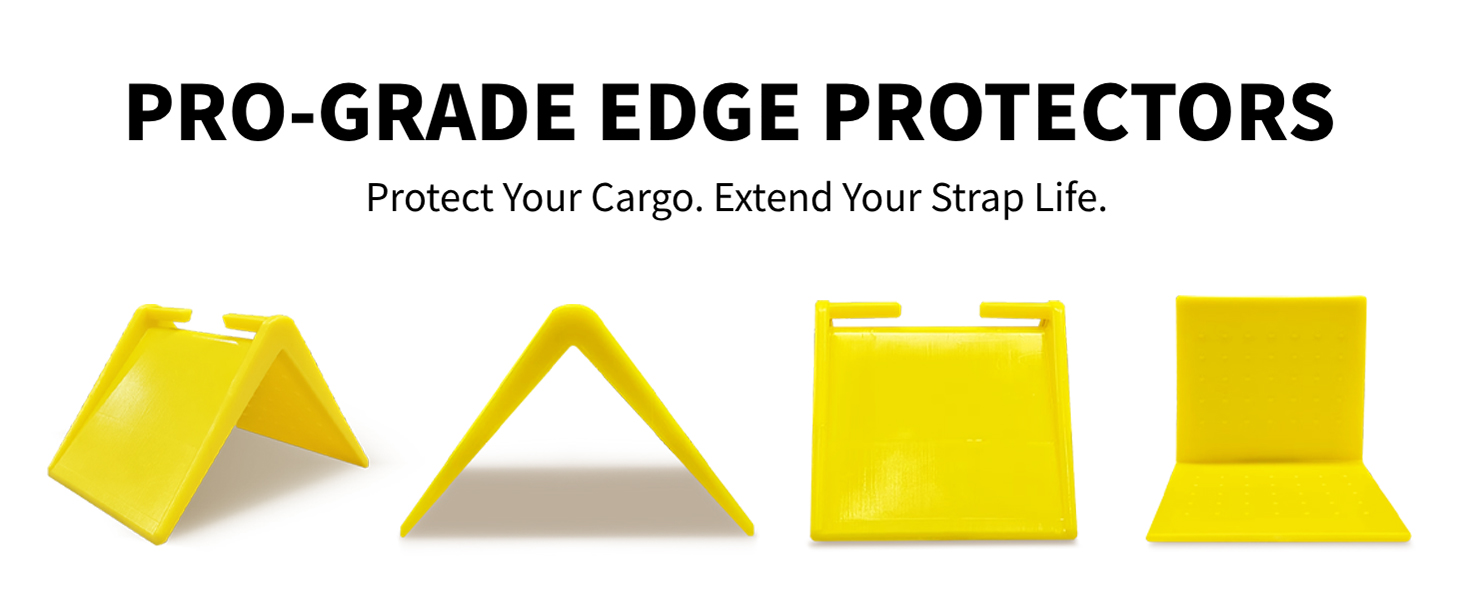 Pro-grade yellow plastic edge protectors for cargo tie down. 4 angles of 2 inch strap guards.
