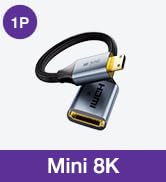 Text reads "Mini 8K" on purple label. Black camera or recording device with strap attachment and small screen display visible.