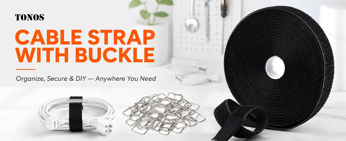 TONOS hook and loop cable straps with metal buckles, wire organizer banner