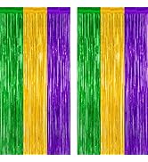 2 Pack Mardi Gras Tinsel Backdrop, 3.28 FT x 7.05 FT Metallic Fringe Curtain, Purple Gold Green C...
