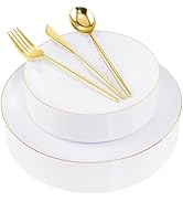 I00000 150Pcs Gold Plastic Plates, Heavy Duty Gold Rimmed Plastic Plates with Gold Disposable Sil...