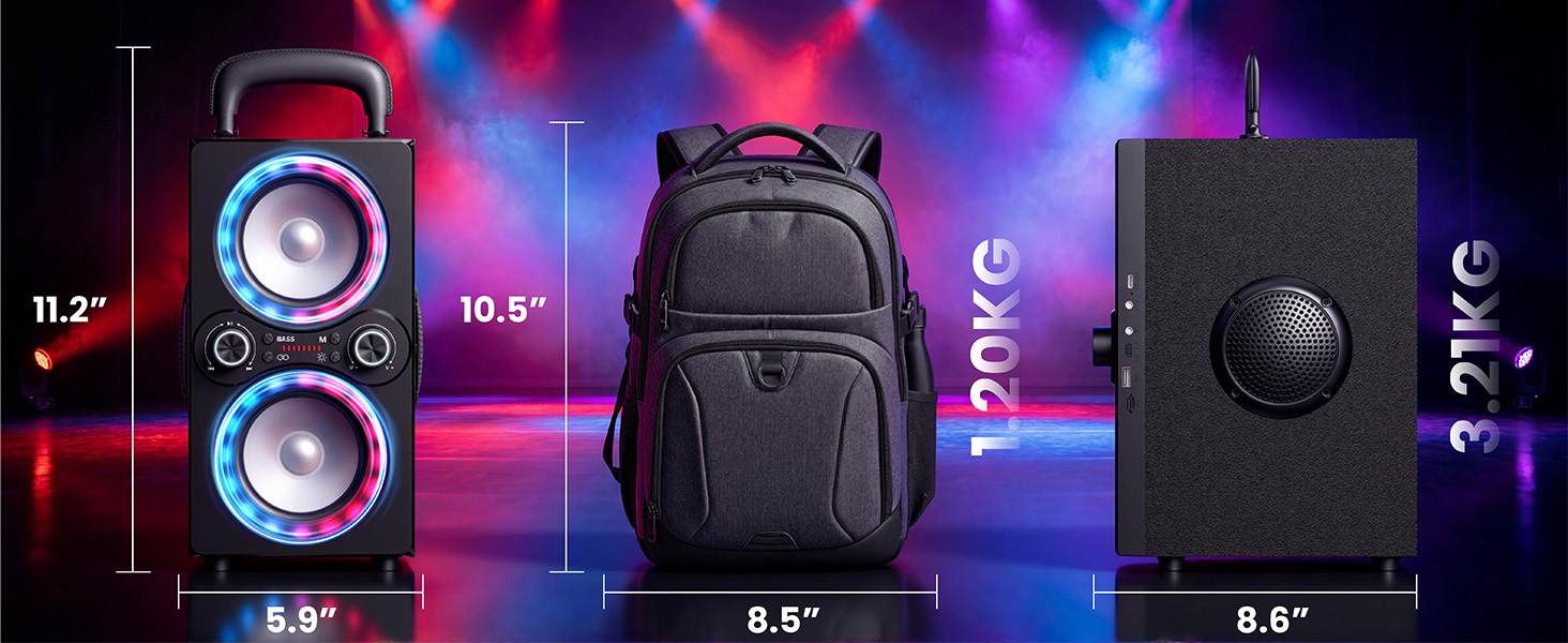 Neon speaker and grey backpack showing size and weight dimensions on a smoky, colorful stage.