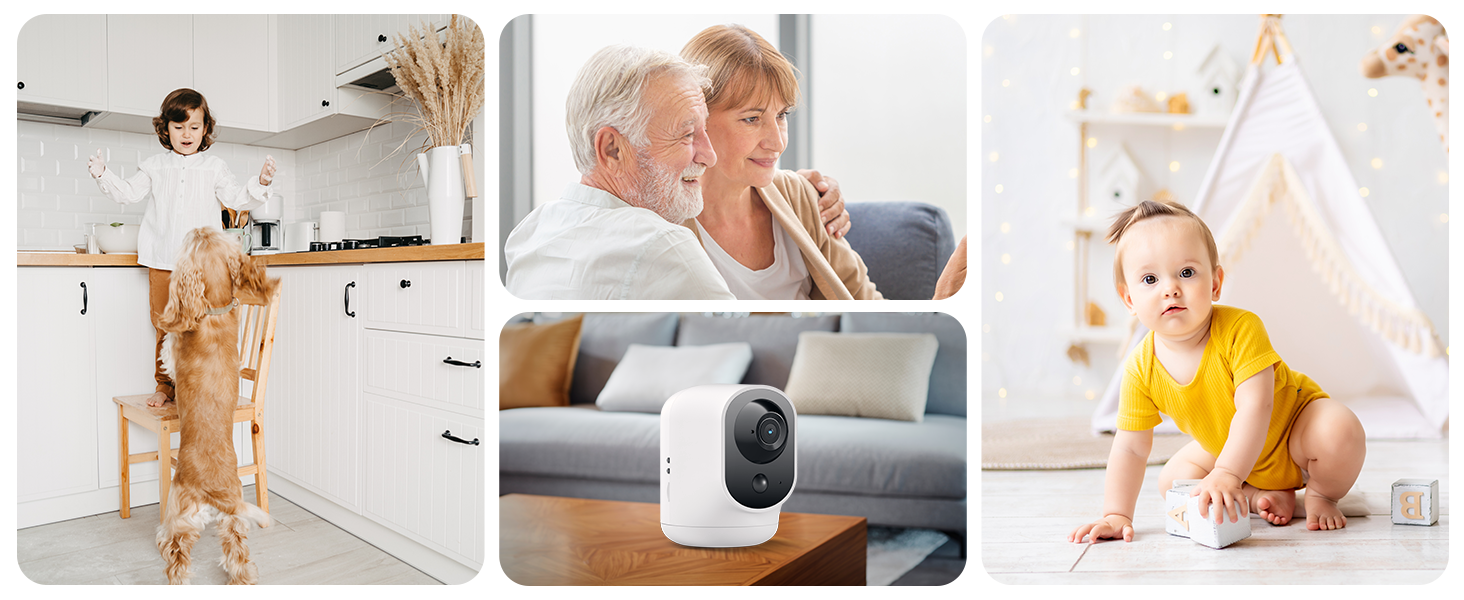 Multi-panel image showing a home security camera, kitchen scene, elderly couple, and baby in teepee, representing smart home and family safety features.