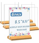 6 Pack Acrylic Sign Holder 8.5 x 11 Inch, Wood Base Signs Stand for Menu Flyer Display, Table Cle...