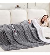 FVERWAG Electric Blanket Full Size Fast Heating, Digital Display, Grey | Soft Striped Flannel She...