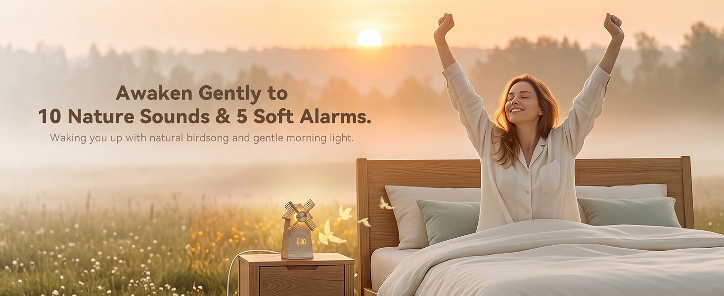 Sunrise Alarm Clock with Rotating Windmill, White Noise Machine for Sleeping