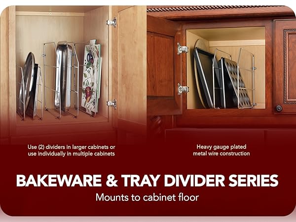 Images of Tray Dividers inside cabinet. Text reads: Rev-A-Shelf Tray DividerSeries.