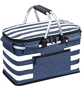 KEFOMOL Insulated Picnic Basket,Leak-Proof Collapsible Cooler Bag,26L Grocery Basket with Lid,2 S...