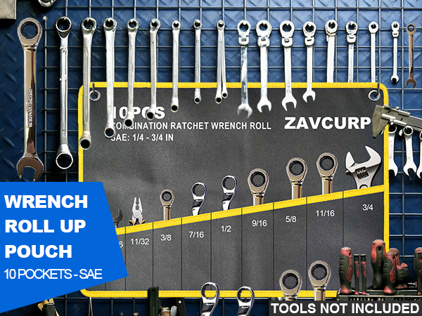 Wrench Roll Organizer, Rolled Tool Pouch Bag 10 Pockets SAE