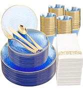 DaYammi 350PCS Clear Blue Gold Plastic Dinnerware Set for 50 Guests, Hammered Disposable Plates f...