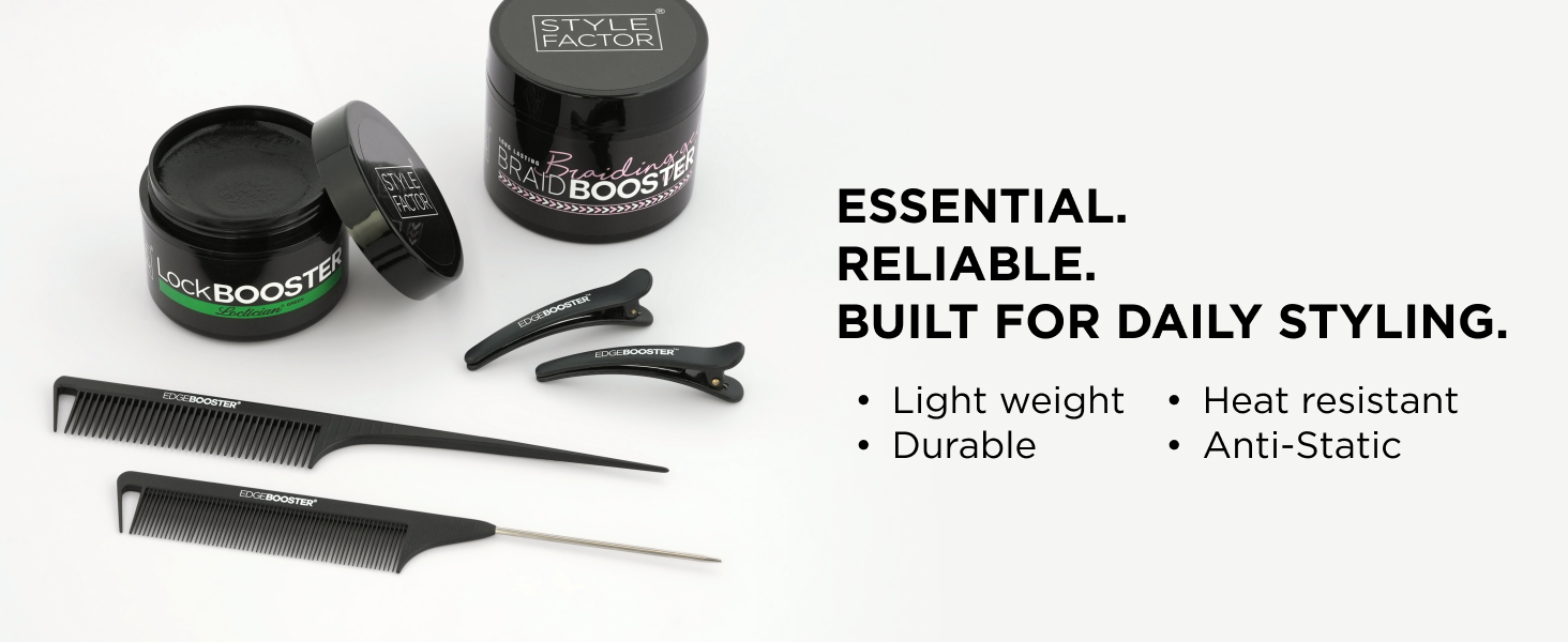 EDGE BOOSTER combs with Lock Booster pomade and styling clips for daily salon use