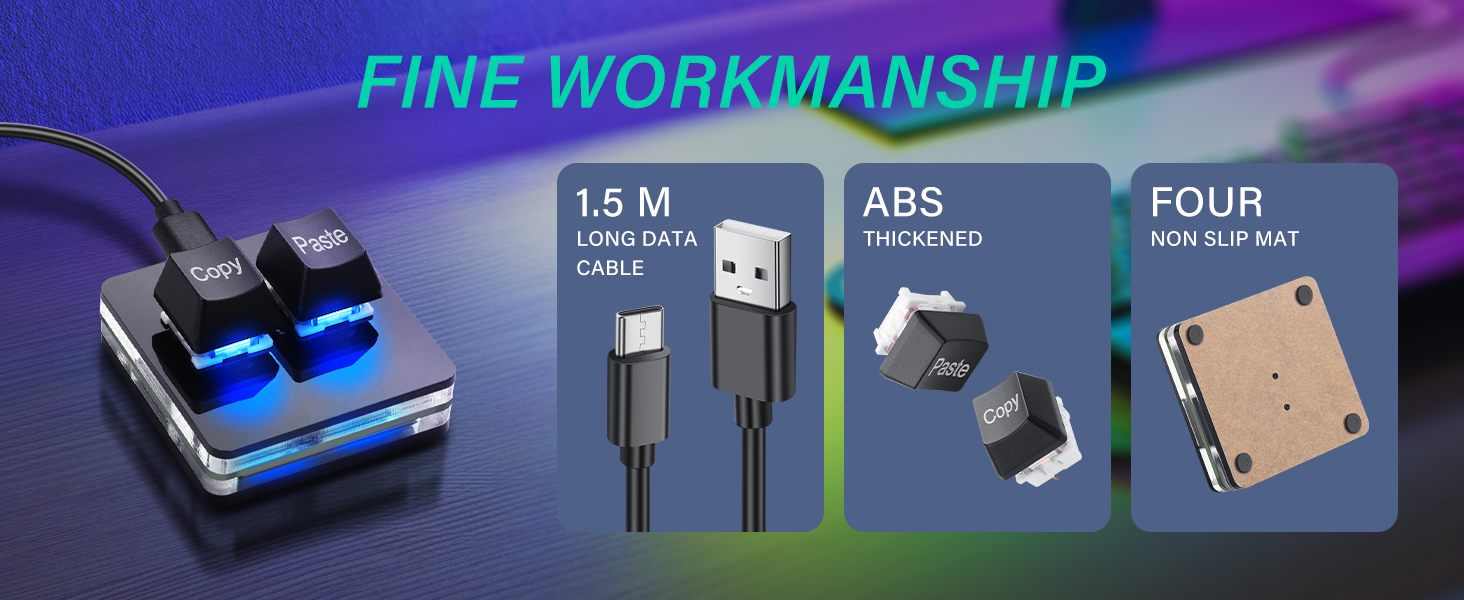 Text reads 'FINE WORKMANSHIP'. Product specifications showing '1.5 M', 'ABS', 'FOUR'. Technical components including cables, connectors, and electronic parts.