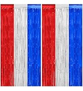 Thicken Red White and Blue Decorations Streamers, 2 Pack 3.3 X 6.6 FT Tinsel Backdrop Curtains, F...