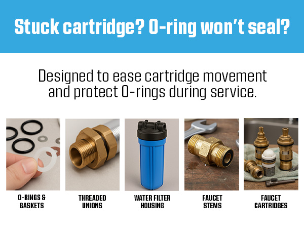 Silicone grease applications for O-rings, threaded unions, water filters, and faucet cartridges.