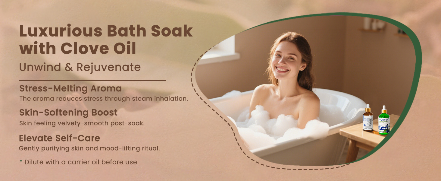 Text reads 'Luxurious Bath Soak with Cleo Oil', 'Unwind & Rejuvenate', 'Stress-Melting Aroma', 'Elevate Self-Care', 'Skin-Softening boost'. Spa product promotional image showing bath setting.