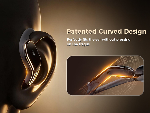 Text reads 'Patented Curved Design' and 'on the tragus'. Close-up product shots showing curved metallic device with warm lighting effects.