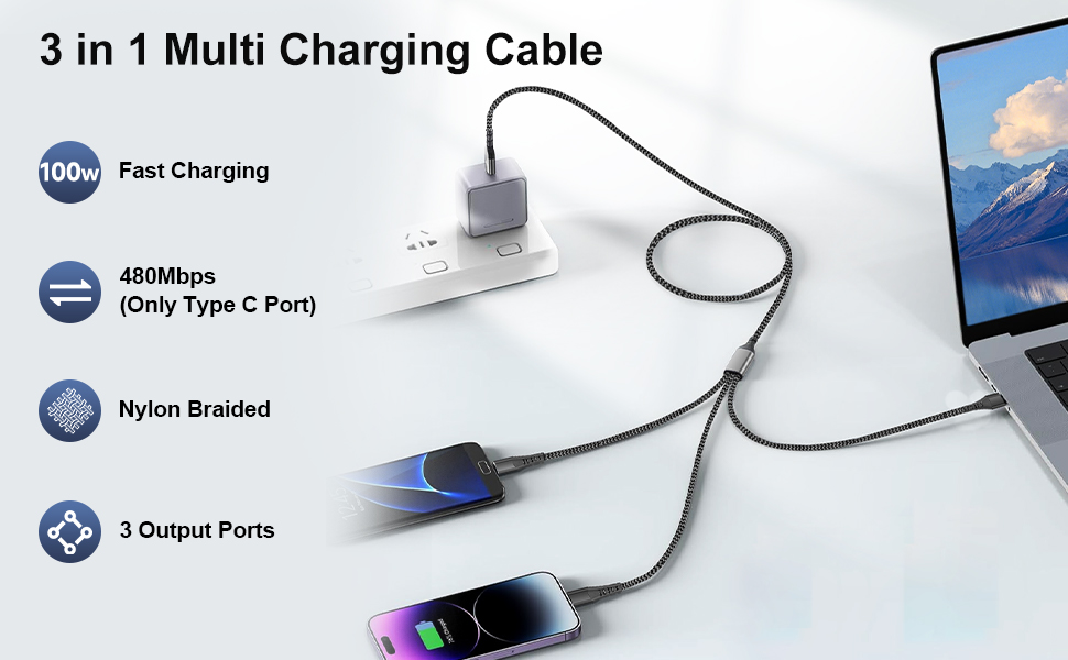 Text reads '3 in 1 Multi Charging Cable'. Product images showing charging cables connected to various electronic devices and technical specifications.