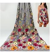 Primst 51.2" Width Flower Colorful Embroidered Lace Trim 3D Appliqué Embroidery Lace Fabric for D...