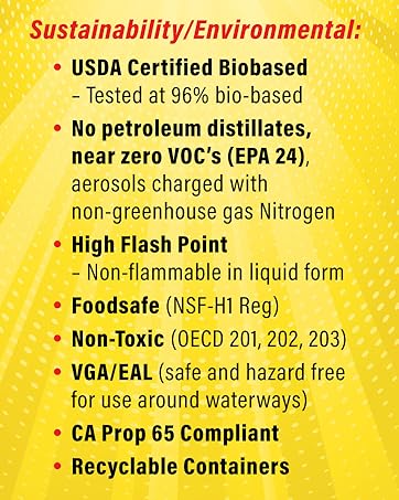 USDA Certified Biobased, No petroleum distillates, high flash point, foodsafe, non-toxic, VGA/EAL