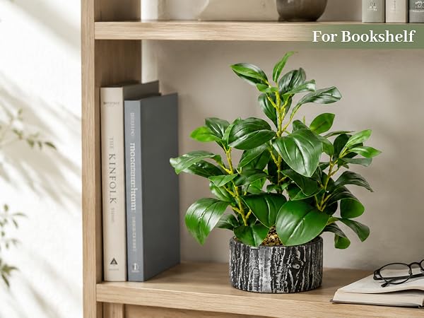 artificial green potted plant bookshelf decor