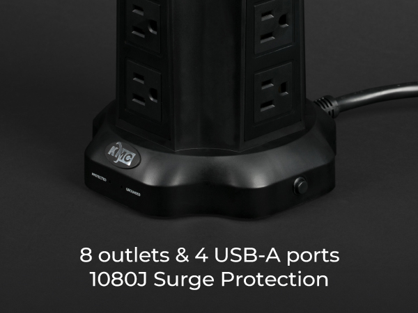8 Outlets & 4 USB-A ports with 1080J Surge Protection - KMC Surge Tower - 20806