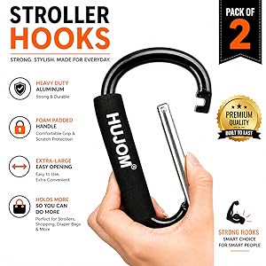 2 pack HUJOM stroller hooks with soft foam grip and strong metal clip for carrying shopping bags