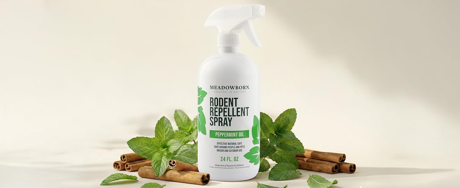 24oz Meadowborn bottle is centered. To the left, a pile of fresh, vibrant green peppermint leaves