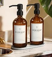 Amber Glass Soap Dispenser Set of 2, 16oz Hand and Dish Soap Dispenser for Kitchen & Bathroom, Bl...