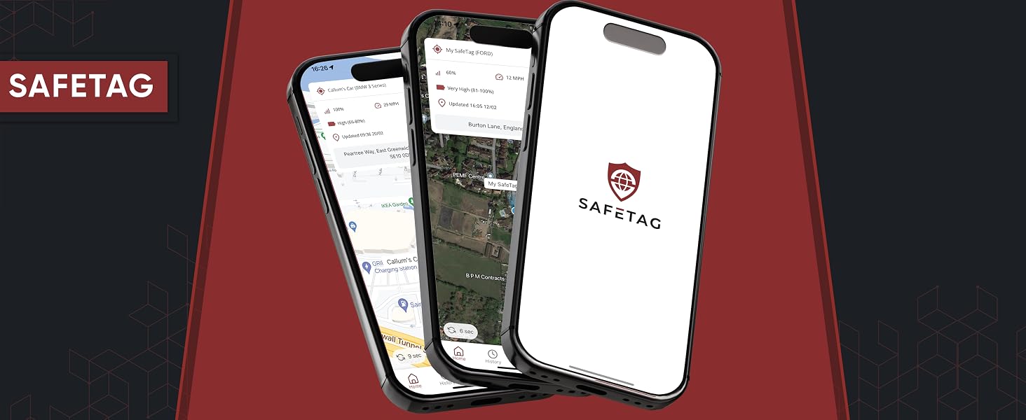 Text reads 'SAFETAG'. Display of three mobile phones showing app interface screens against dark background, with SAFETAG branding visible on one screen.