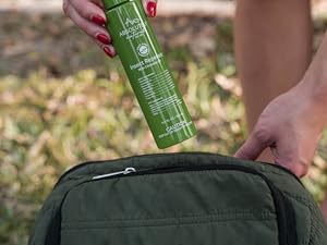 A person is holding a green bottle of Absolutely Natural Insect Repellent above a green backpack.