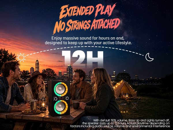People gathered outdoors at dusk around a lit-up speaker with "12H" battery text.