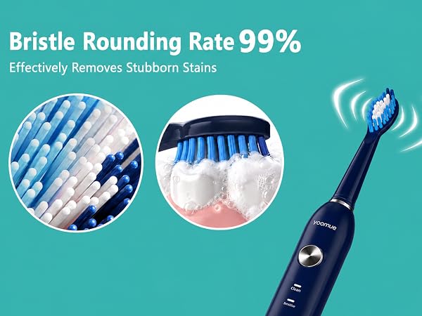 Text reads 'Bristle Rounding Rate 99% Effectively Removes Stubborn Stains'. Electric toothbrush with blue bristles shown in three circular detail views demonstrating bristle technology and cleaning capability.