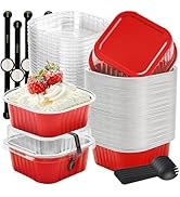 LOKQING 50 Pack Mini Cake Pans with Lids and Spoons Small Aluminum Foil Pans Square Baking Cups D...