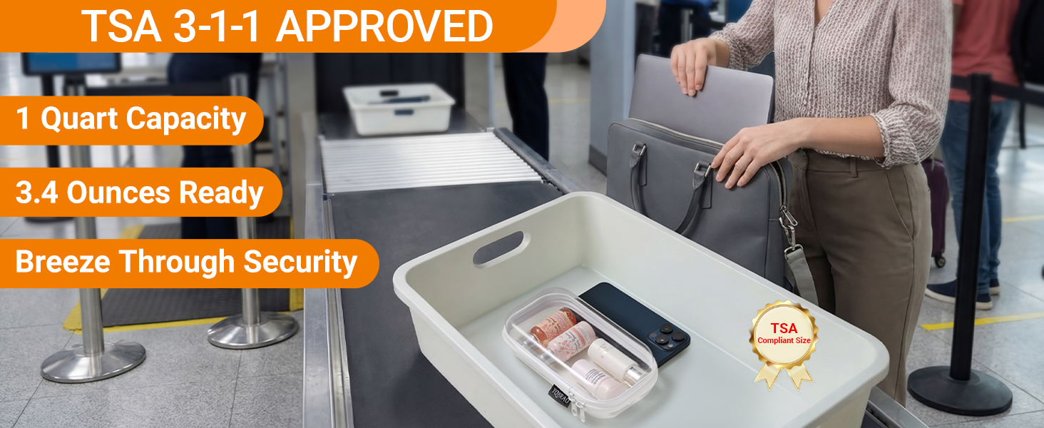 TSA approved 3-1-1 clear bag for airplane carry on, quart size liquid bag for airport security.