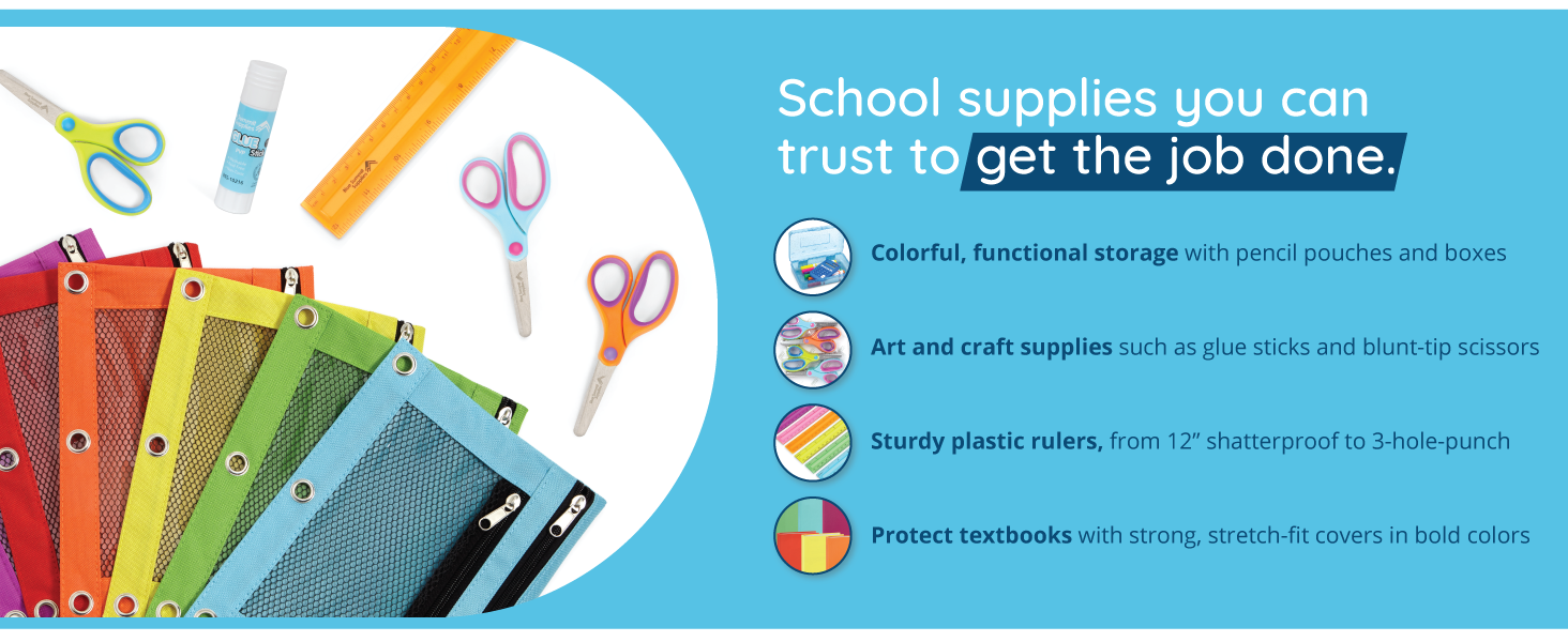 School supply overview with detail images of various products