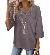 WIHOLL 3/4 Length Sleeve Womens Tops Boho V Neck Lace Shirts Trendy Blouses Dressy Casual Vacatio...
