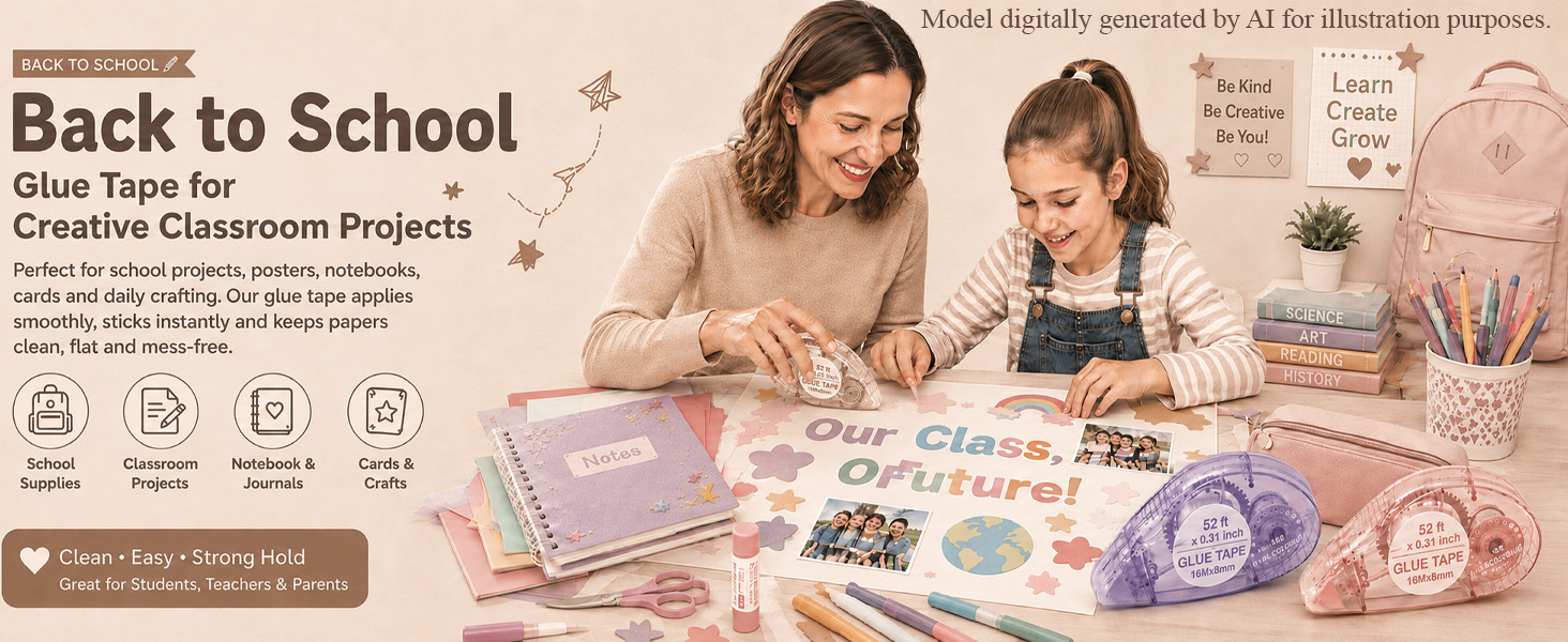 Teacher and students use a tape roller on posters, notebooks, cards and classroom paper crafts