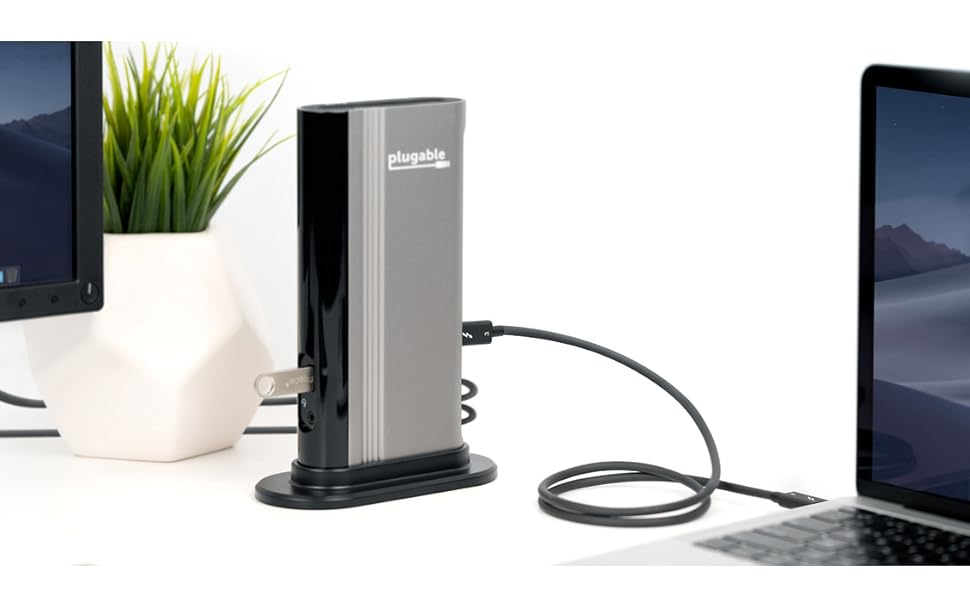 Thunderbolt 3 cable plugged into docking station