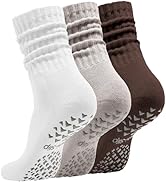 Acomono Women’s Pilates Socks with Grips – 3 Pairs Scrunch Crew Non-Slip Yoga Barre Workout Hospi...