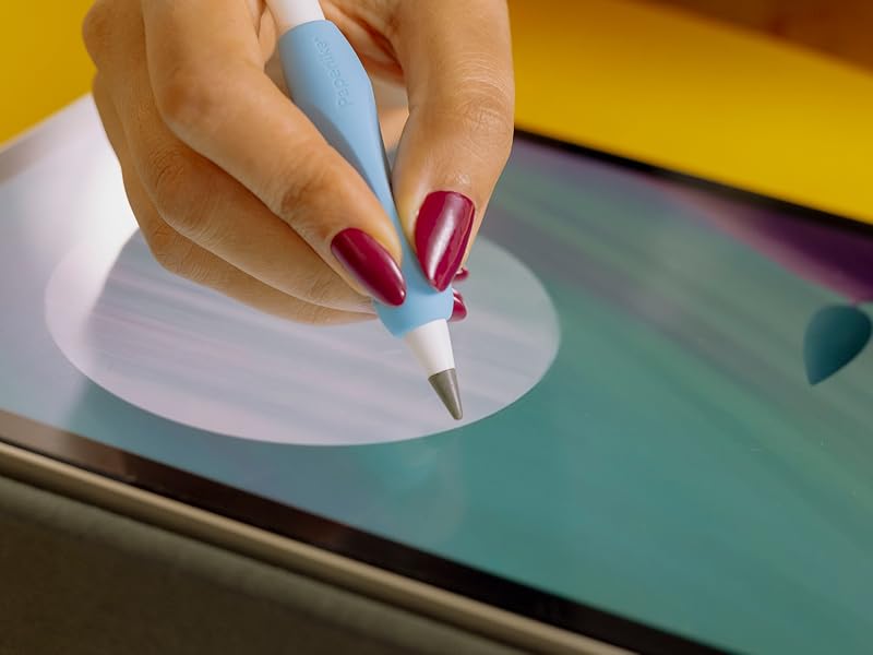 Hand with red manicure using a light blue stylus on a touchscreen device. The stylus tip is positioned on a white circular area of the screen.