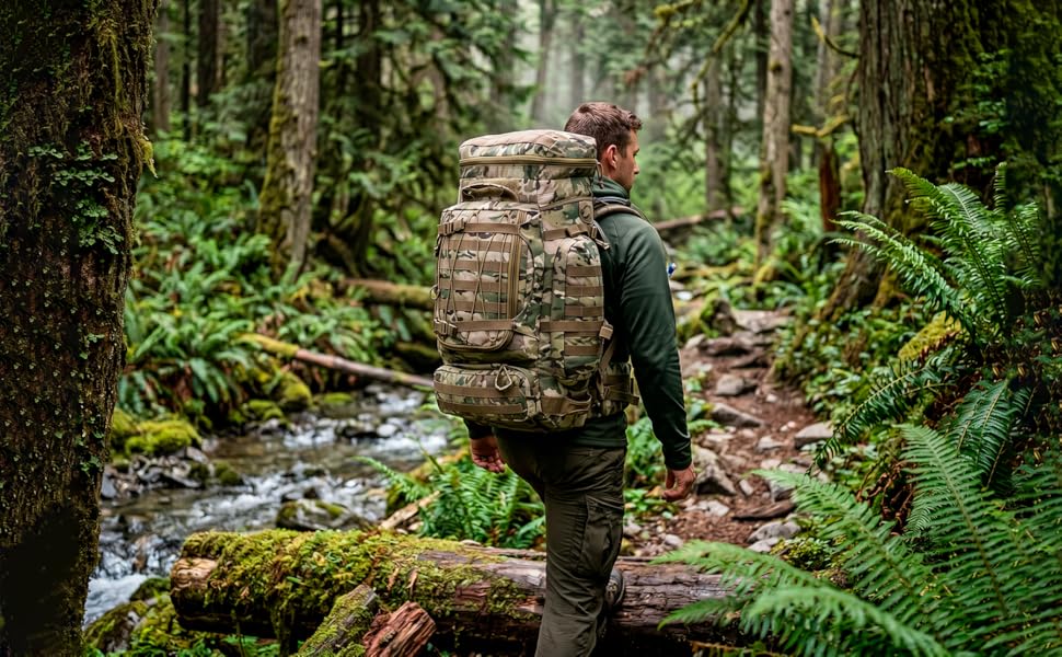 Large military backpack with internal frame 70L camouflage