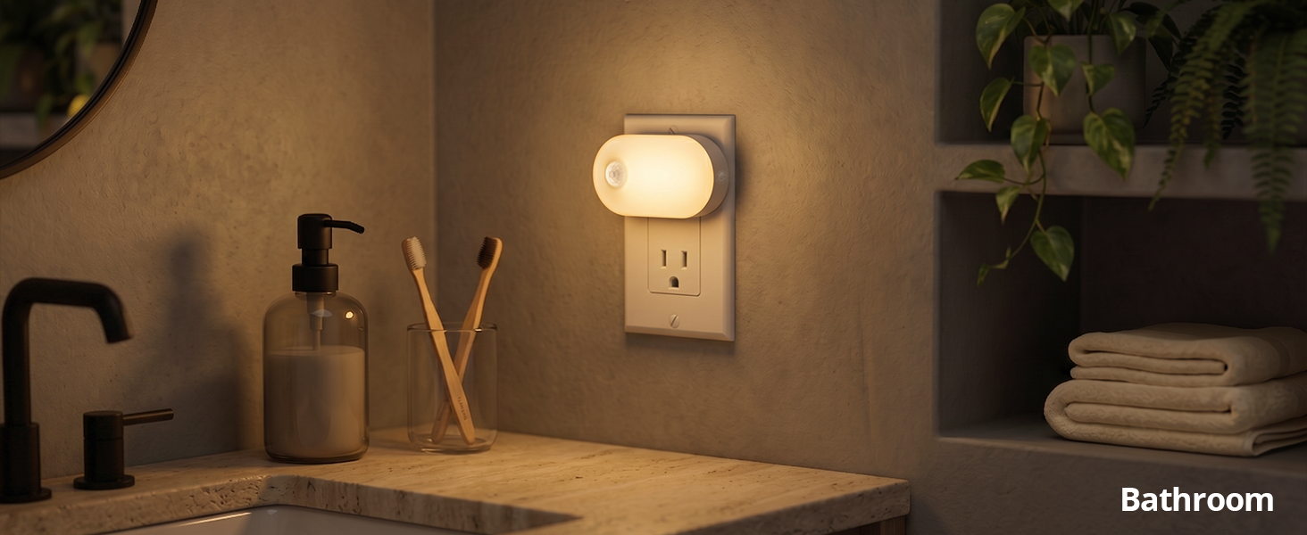 Eye-friendly plug-in night light illuminating a bathroom.
