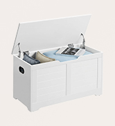 White rectangular storage chest or bench with hinged top lid, metal handles on sides, clean minimalist design for storage organization.