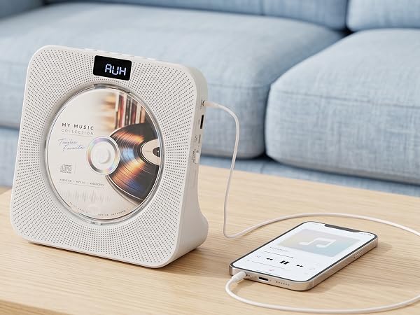 MEGATEK CP28BR Portable Desktop CD Player with AUX Input is Connected with a Smart Phone