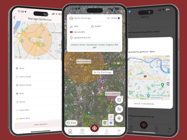 Three smartphone screens displaying navigation maps and location interfaces with satellite and street views.