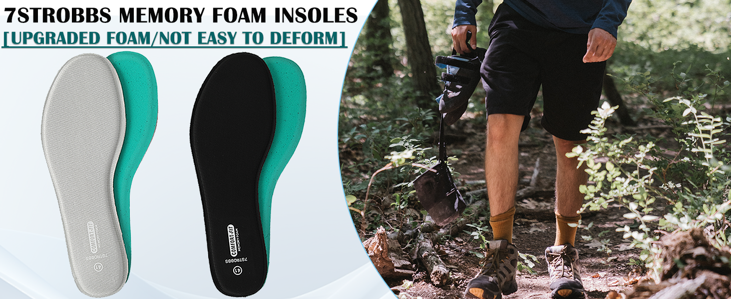Memory foam insoles for shoes showing two views: the insole product itself and a person hiking on a wooded trail.