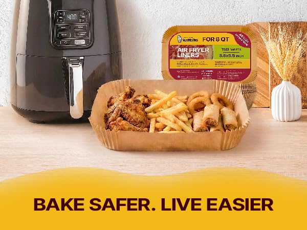 Text reads 'BAKE SAFER, LIVE EASIER'. Product demonstration images showing food preparation and cooking scenarios with kitchen equipment.